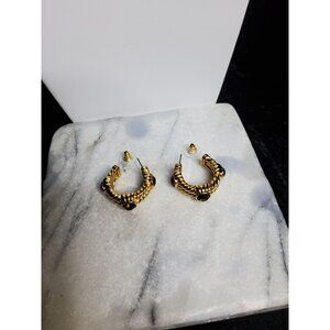 vintage gold tone with 3 amber glass beads hoop push back earrings